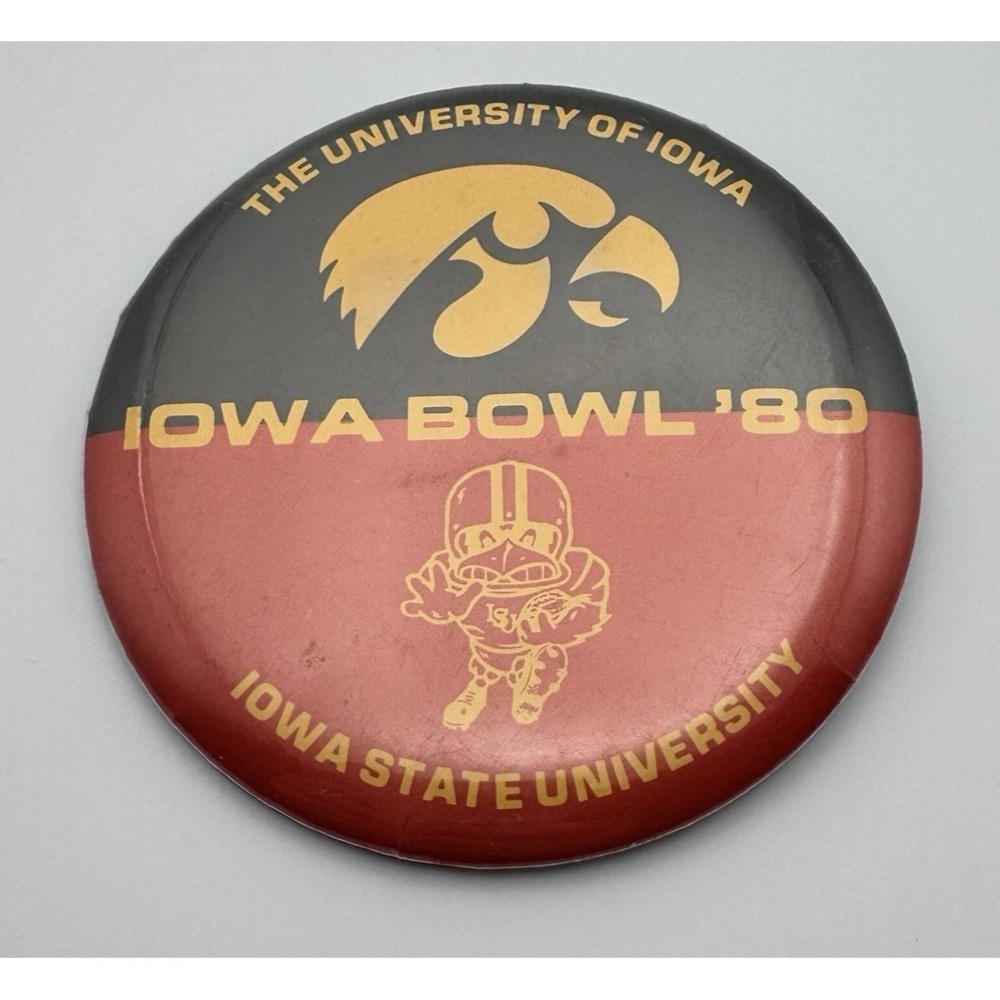 Iowa Hawkeyes ISU State Cyclones Football Button Pin 1980 Iowa Bowl RARE Vtg